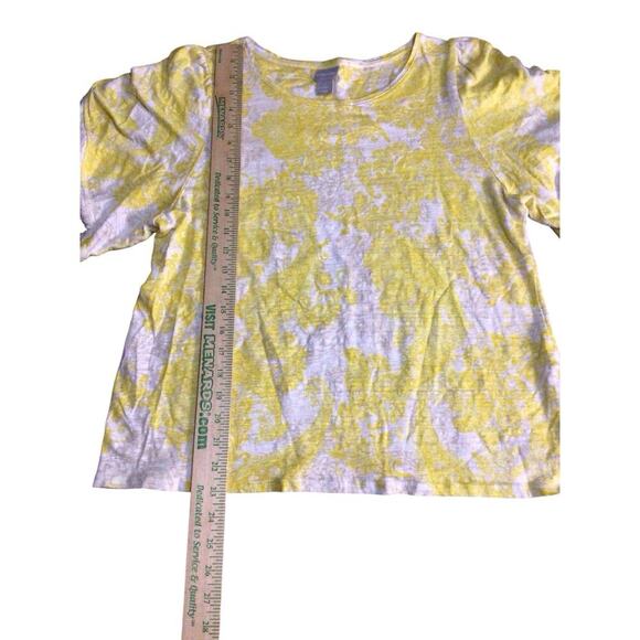 Chicos Size 2 Top Yellow White Linen Short Sleeve Blouse with Fringe Womens L - Picture 8 of 9